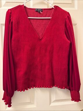 1.STATE Velvet Smocked V-Neck Blouse Long Chiffon Sleeve Red L